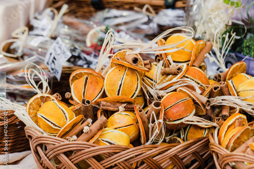 Colorful Christmas Decorations at Traditional Christmas Market.