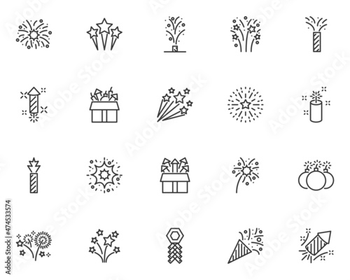 set of firework line icons, celebration, new year, sunburst