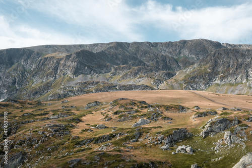 Amazing, breathtaking, rocky landscape and mountain ranges on the Seven Rila lakes hiking tour on Rila national park in Bulgaria