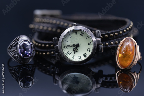 Unusual women's watches with brown leather strap and jewelry