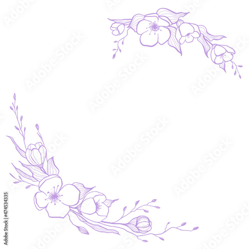 Floral frame linear illustration for wedding invitation, greeting card, feminine design. Vector hand drawn line art flowers and leaves composition. Isolated.