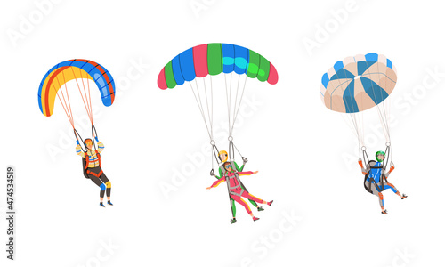 Paratroopers flying with parachute set. Extreme sport and leisure activity vector illustration