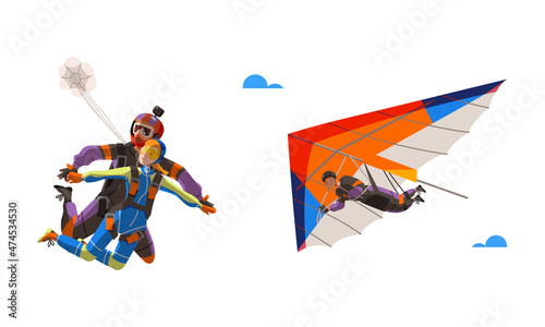 People skydiving in the sky set. Professional parachutists paragliding with parachute vector illustration
