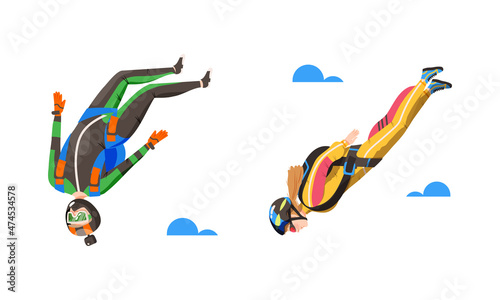 People skydiving in the sky set. Parachutists parachuting in free fall vector illustration