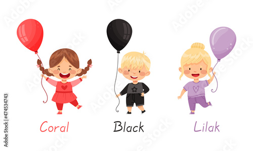 Cute kids holding balloons of different colors set. Boys and girl holding coral, black and lilac balloon vector illustration