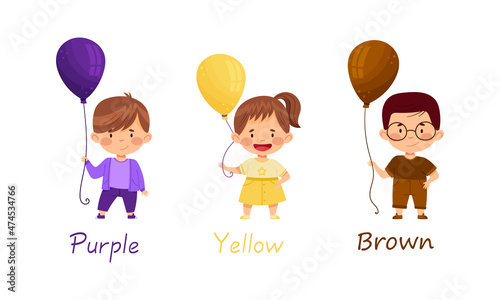 Cute kids holding balloons of different colors set. Boys and girl holding purple, yellow and brown balloon vector illustration