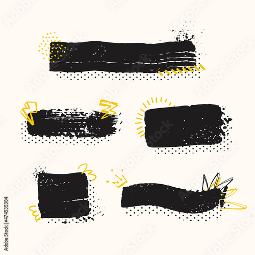 Collection of black quote boxes frames. Abstract grunge brush strokes for text. Vector illustration