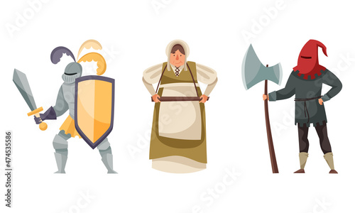 Inhabitants of the medieval city set. Knight, merchant, executioner characters vector illustration