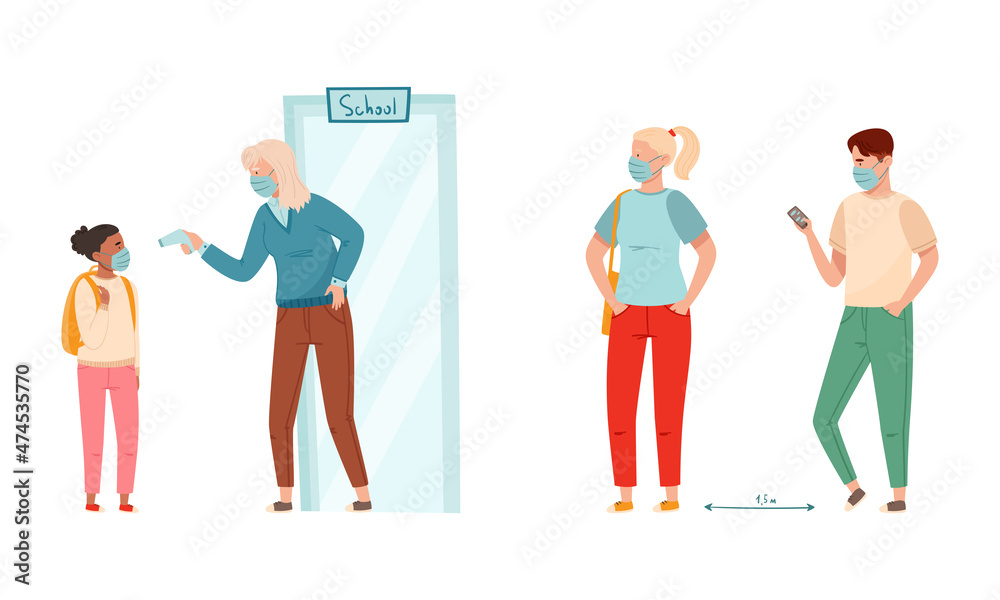 Coronavirus disease prevention measures set. Social distancing and measuring temperature vector illustration Coronavirus disease prevention measures set. Social distancing and measuring temperature vector illustration