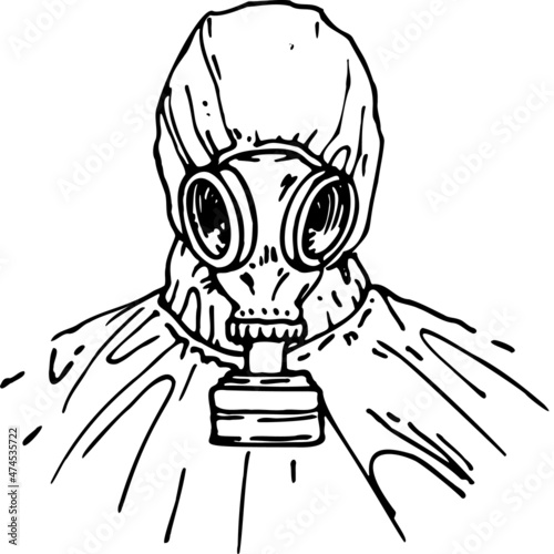 A man in a protective suit and a gas mask sketch vector illustration