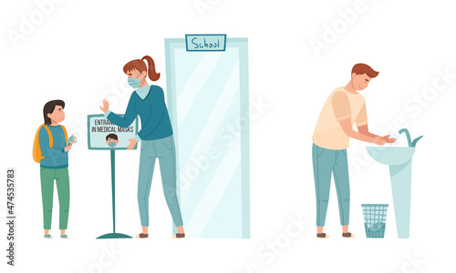Coronavirus disease prevention measures set. Wearing protective masks and washing hands vector illustration