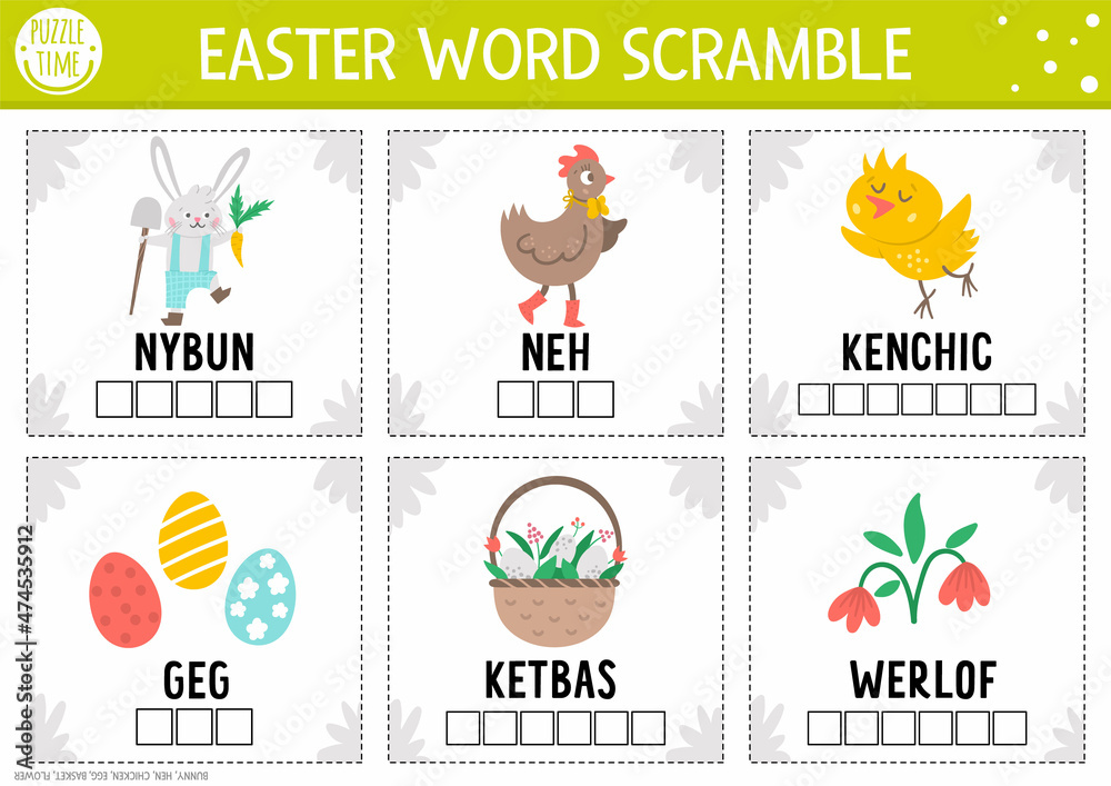 Vector Easter word scramble activity page. English language game with bunny, hen, chicken, Easter eggs, basket for kids. Spring holiday family quiz. Simple educational printable worksheet.. Vector Easter word scramble activity page. English language game with bunny, hen, chicken, Easter eggs, basket for kids. Spring holiday family quiz. Simple educational printable worksheet..
