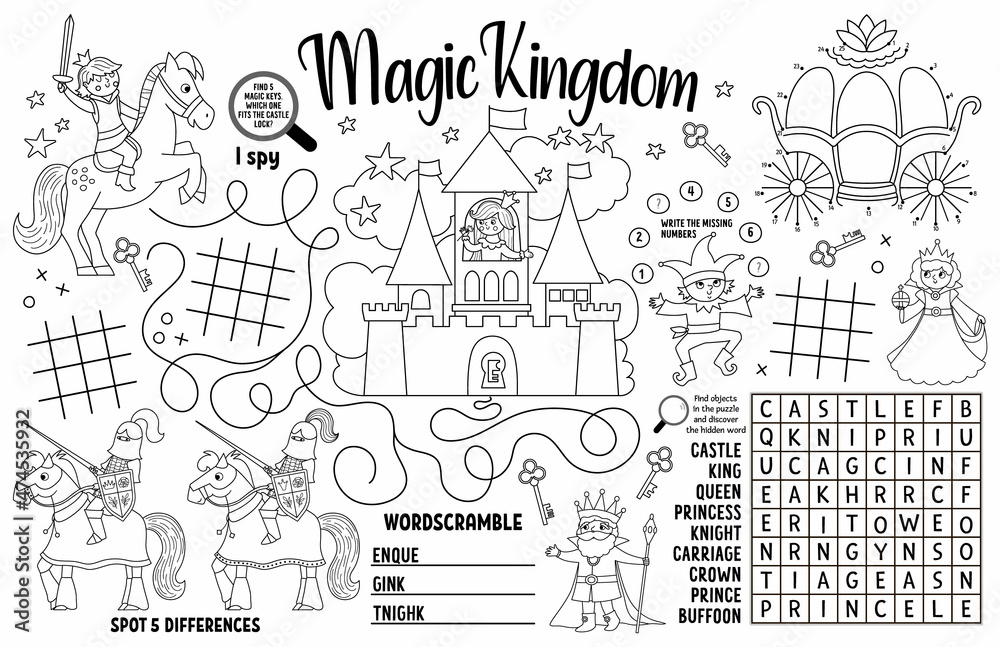 Vector Magic kingdom placemat for kids. Fairytale printable activity mat with maze, tic tac toe charts, connect the dots, find difference. Black and white play mat or coloring page.