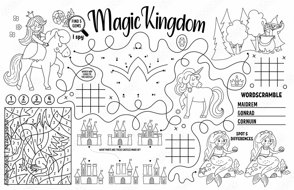 Vector Magic kingdom placemat for kids. Fairytale printable activity mat with maze, tic tac toe charts, connect the dots, find difference. Black and white play mat or coloring page.