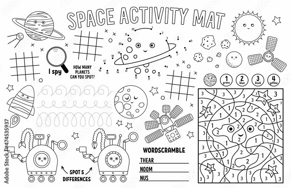 Vector space placemat for kids. Fairytale printable activity mat with maze, tic tac toe charts, connect the dots, find difference. Black and white play mat or coloring page.
