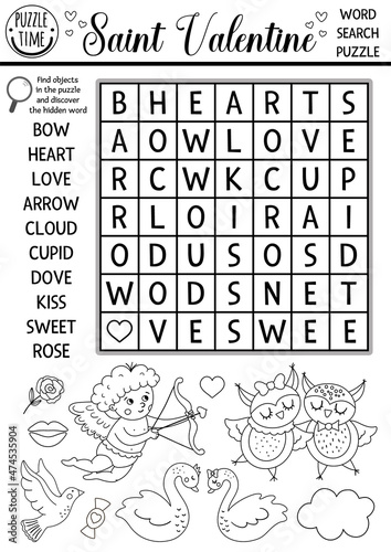 Vector Saint Valentine black and white wordsearch puzzle for kids. Love holiday crossword or coloring page. Activity with cupid, dove, heart, swans. Fun February cross word for children.