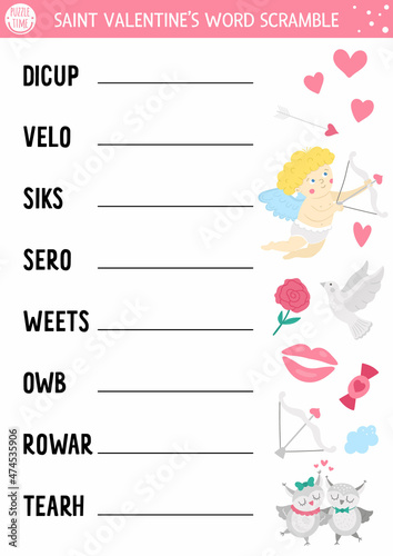 Vector Saint Valentine word scramble activity page. English language game with cupid, heart, rose, loving pair for kids. Love holiday family quiz. Simple educational printable worksheet..