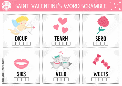 Vector Saint Valentine word scramble activity page. English language game with cupid, heart, rose, loving pair for kids. Love holiday family quiz. Simple educational printable worksheet..
