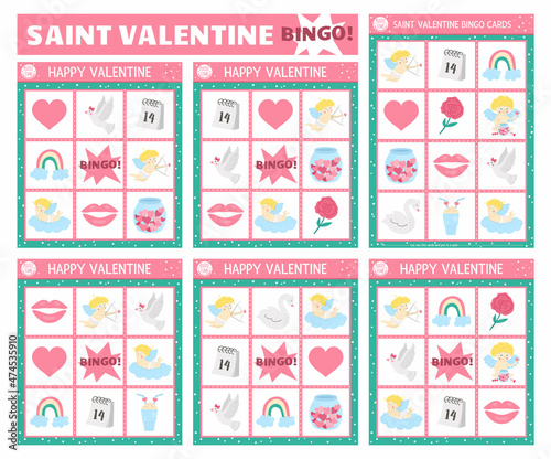 Vector Saint Valentine bingo cards set. Fun family lotto board game with cute cupid, heart, rose, swan, dove for kids. Love holiday lottery activity. Simple educational printable worksheet..