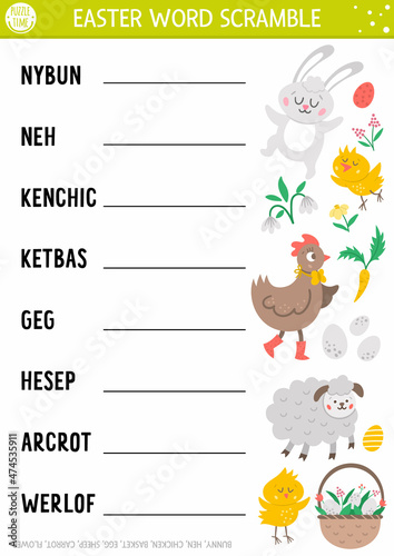 Vector Easter word scramble activity page. English language game with bunny, hen, chicken, Easter eggs, basket for kids. Spring holiday family quiz. Simple educational printable worksheet..