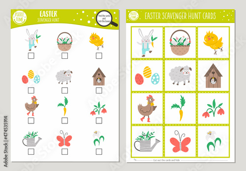 Vector Easter scavenger hunt cards set. Seek and find game with cute bunny, hen, chicken, Easter eggs for kids. Spring holiday searching activity. Simple educational printable worksheet.