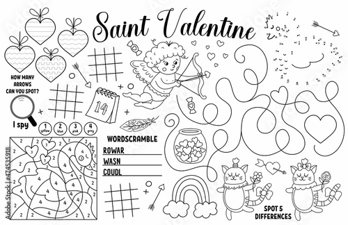 Vector Saint Valentine placemat for kids. Love holiday printable activity mat with maze, tic tac toe charts, connect the dots, find difference. Black and white play mat or coloring page.