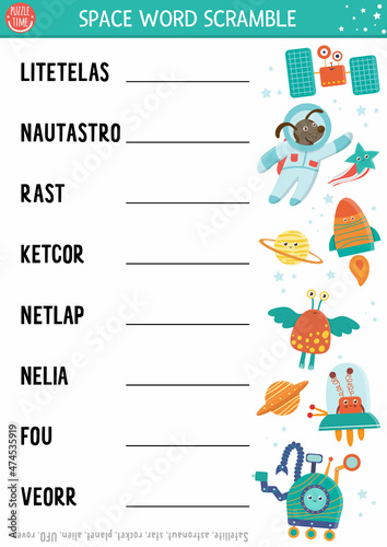 Vector space word scramble activity page. English language game with astronaut, star, rocker, planet, alien for kids. Astronomy family quiz. Simple educational printable worksheet..