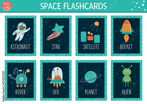 Vector Space flash cards set. English language game with cute astronaut, star, rocker, planet, alien kids. Astronomy flashcards with funny characters. Simple educational printable worksheet..