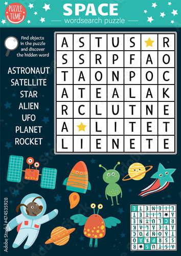 Vector space wordsearch puzzle for kids. Simple astronomy crossword for children. Activity with UFO, astronaut, star, planet, rocket, alien, satellite. Solar system cross word.
