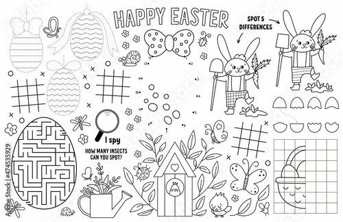 Vector Easter placemat for kids. Spring holiday printable activity mat with maze, tic tac toe charts, connect the dots, find difference. Black and white play mat or coloring page.