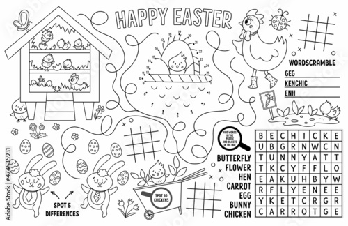 Vector Easter placemat for kids. Spring holiday printable activity mat with maze, tic tac toe charts, connect the dots, find difference. Black and white play mat or coloring page. © Lexi Claus