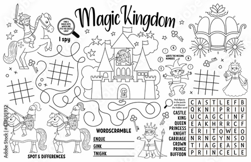Vector Magic kingdom placemat for kids. Fairytale printable activity mat with maze  tic tac toe charts  connect the dots  find difference. Black and white play mat or coloring page.