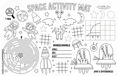 Vector space placemat for kids. Fairytale printable activity mat with maze, tic tac toe charts, connect the dots, find difference. Black and white play mat or coloring page. photo
