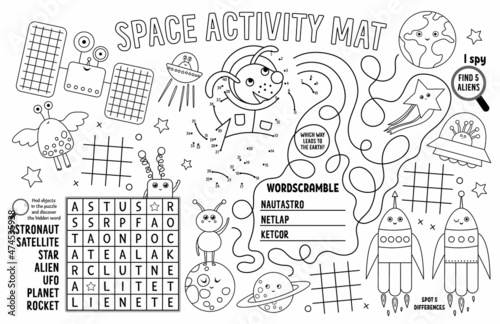Vector space placemat for kids. Fairytale printable activity mat with maze, tic tac toe charts, connect the dots, find difference. Black and white play mat or coloring page.