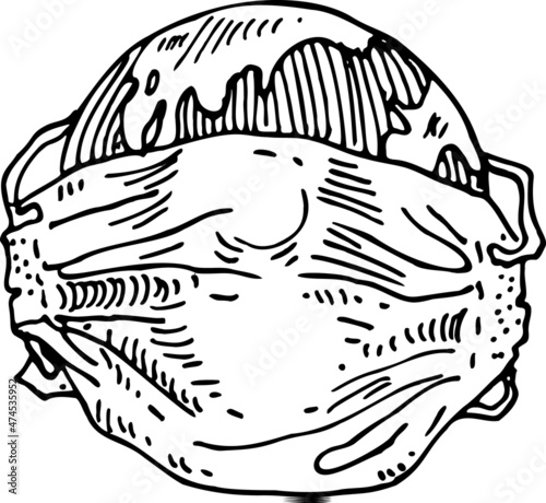 The earth in the medical mask sketch vector illustration