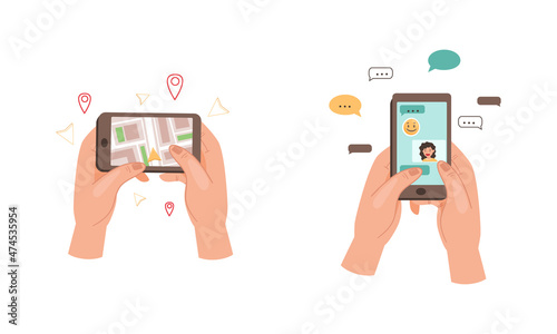 Hands holding smartphones set. People chatting and using city map gps navigation on smartphone vector illustration