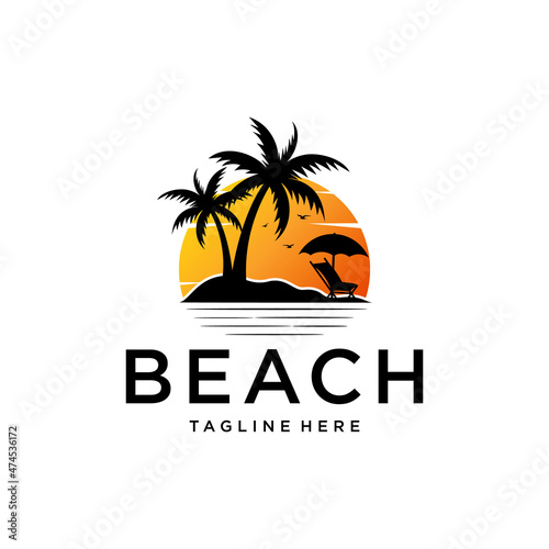 Beach silhouette logo with sun, chair, umbrella and palm vector design template