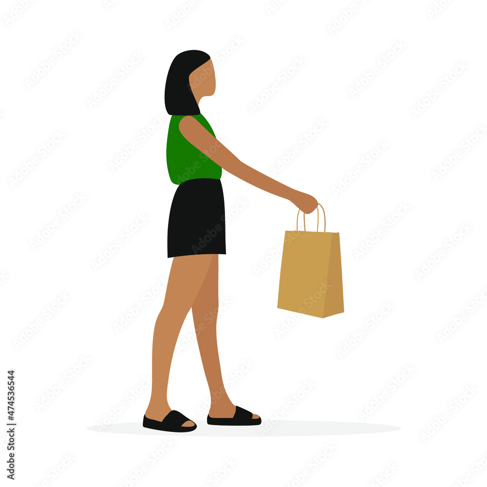Young female character giving paper bag on white background Young female character giving paper bag on white background