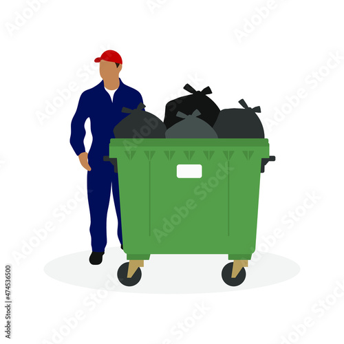 Male character in work overalls stands near a full trash can on a white background