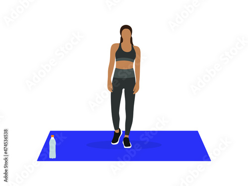 Female character in sportswear stands on a sports mat with a bottle of water on a white background