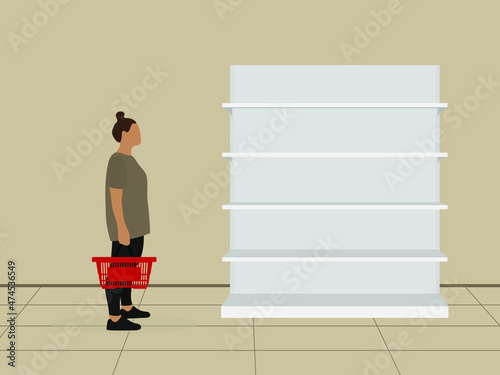 Female character with empty grocery basket in hand stands in front of empty shelves indoors