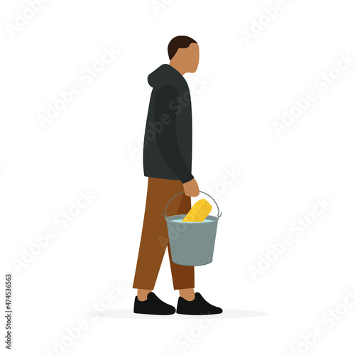 Male character with a bucket of water and a sponge in his hand stands on a white background