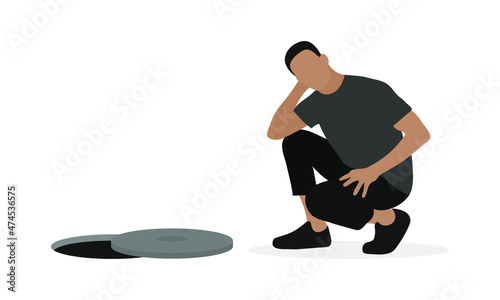 Male character squatting next to half open hatch on white background