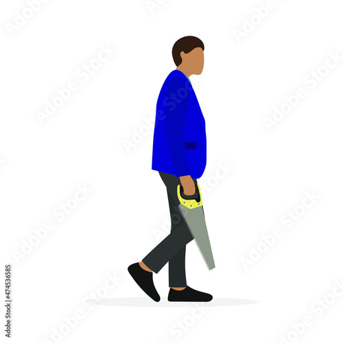 Male character in business clothes and with a saw in hand stands on a white background