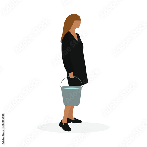 Female character with a bucket of water in hand stands on a white background