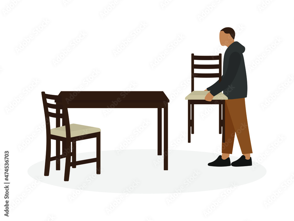 Male character with a chair in his hands near a table and a chair on a white background Male character with a chair in his hands near a table and a chair on a white background