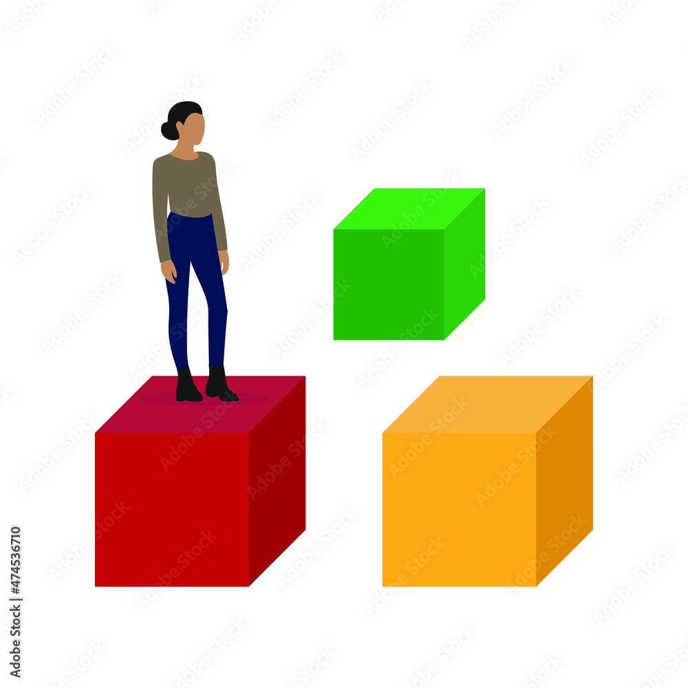 Female character stands on one of three huge cubes on a white background Female character stands on one of three huge cubes on a white background
