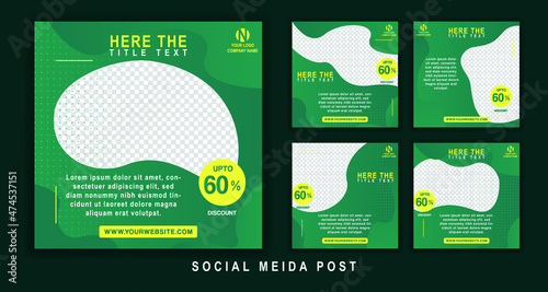 Set of editable square flyer template. Green and yellow background color in the shape of a curved line. Suitable for social media posts and internet ads. Vector illustration with photographic college photo