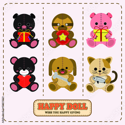 Set of stuffed animals, bears, pigs, dogs, cats, slots, holding gifts, vector patterns