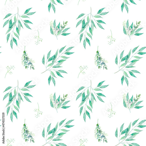Watercolor seamless botanical pattern with eucalyptus greenery and herbs. Hand drawn background with green eucalyptus branches for prints  textile  wrapping paper and wedding decoration.